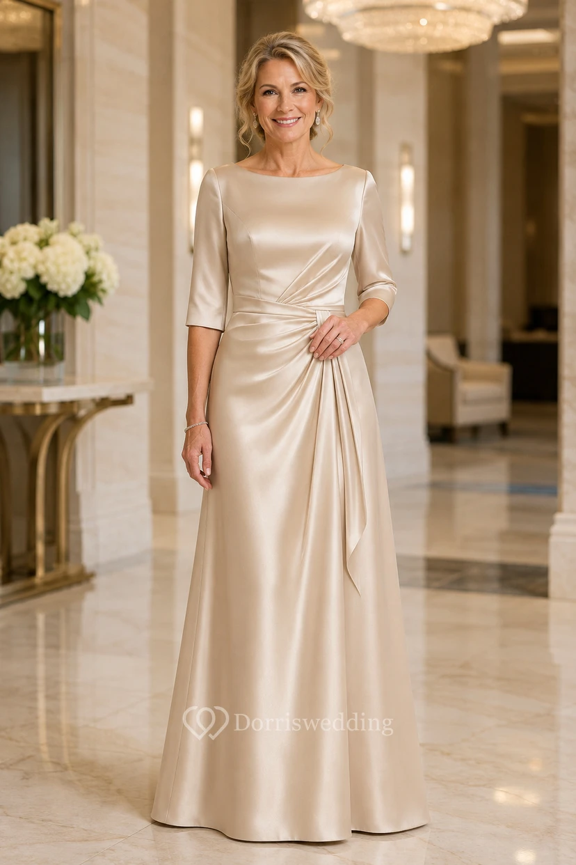 Robe fourreau en satin champagne pour la mère de la mariée, manches trois-quarts, col bateau, longueur au sol avec fronces