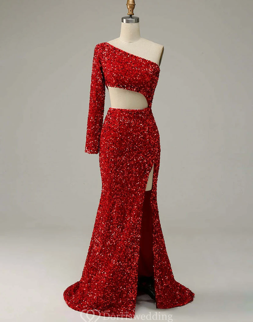 Robe deux-pièces rouge vif à une épaule et sequins view 2