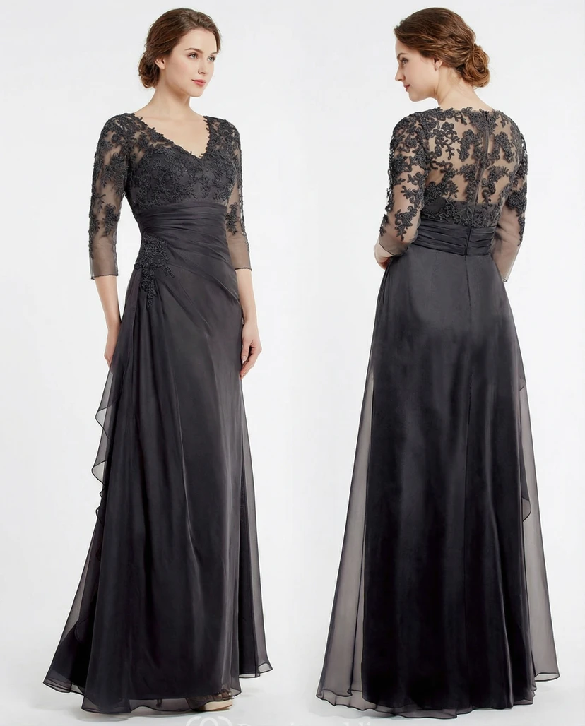 3/4 Sleeve V-Neck A-Line Applique Gown view 2