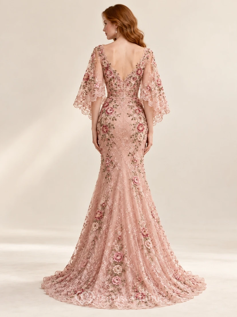Blushing Pink Rose Embroidered Cape Sleeve Lace Evening Gown view 2