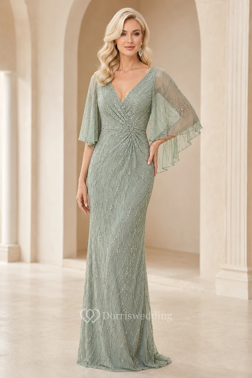 Robe de mère couleur sauge à col en V ornée de perles et manches papillon transparentes, idéale pour les événements formels et la maternité.