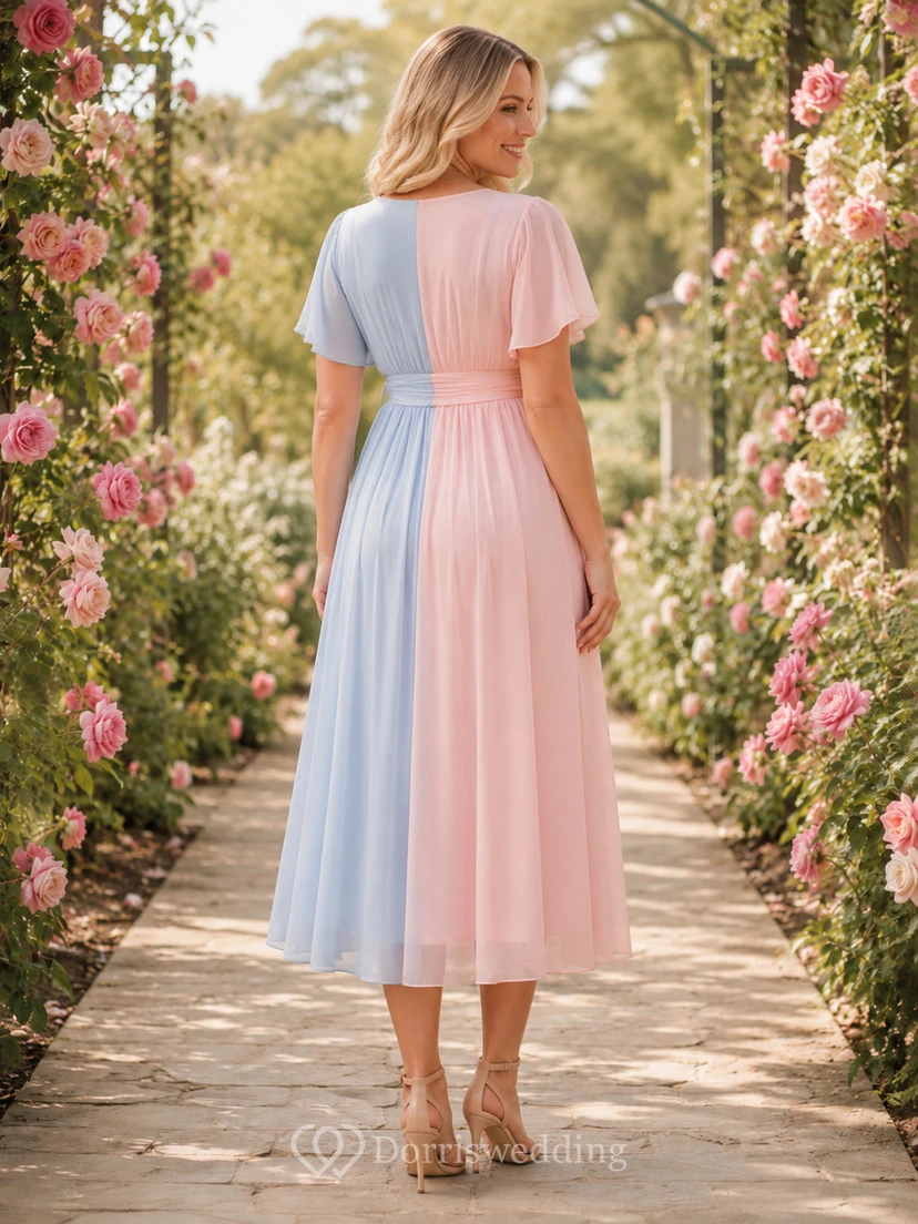 Pastel Pink Blue Wrap V Neck Maternity Midi Dress view 2