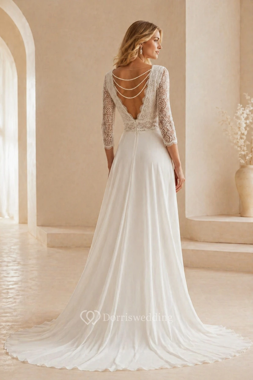 Boho Lace Bodice Wedding Jumpsuit with Scalloped V-Neck & 3/4 Sleeves view 2