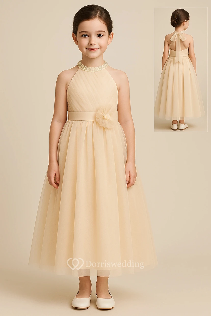 Jewel-neck Champagne Sleeveless Tulle Flowergirl Dress