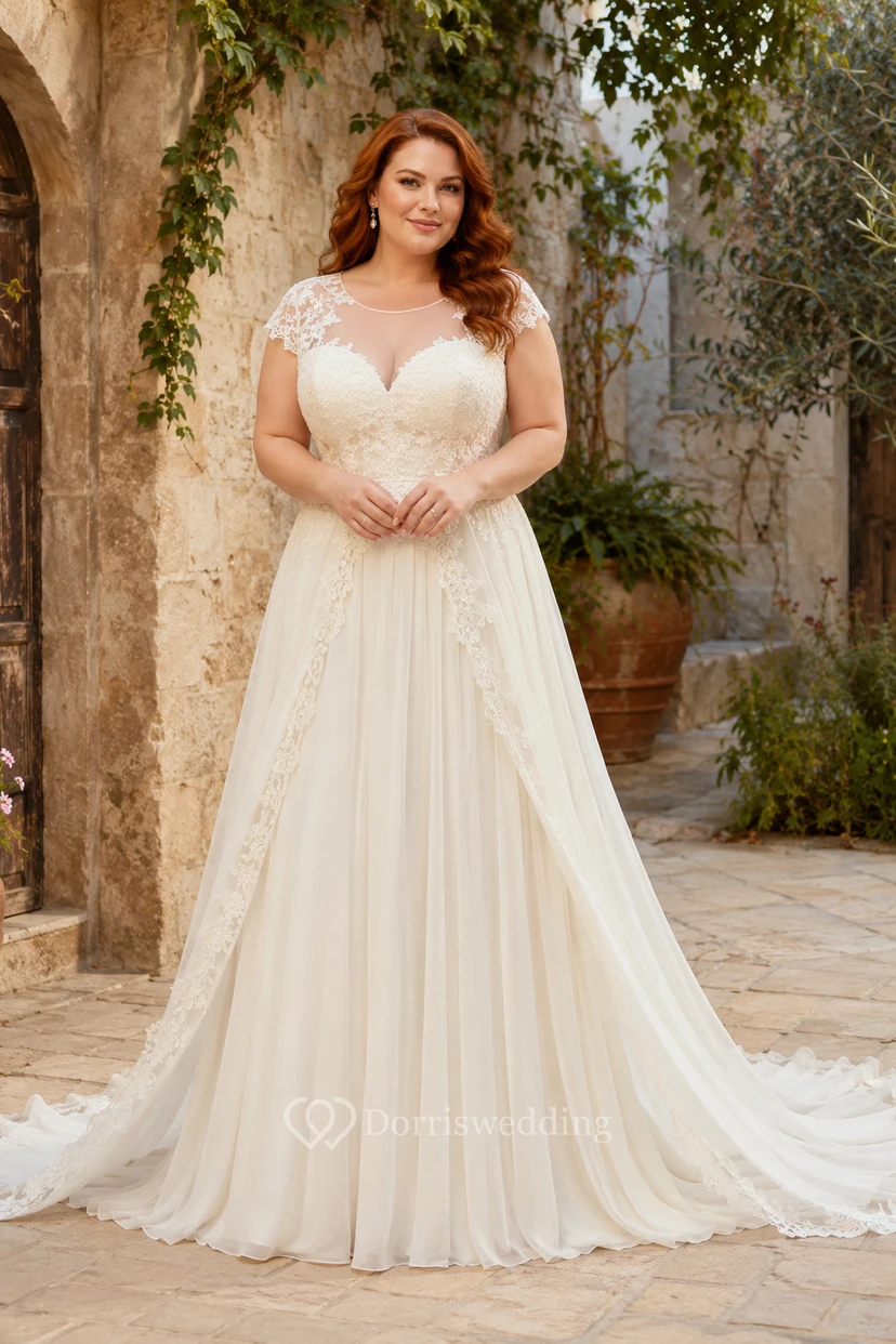 Robe de mariée grande taille à col en V, corsage en dentelle, coupe trapèze et manches courtes