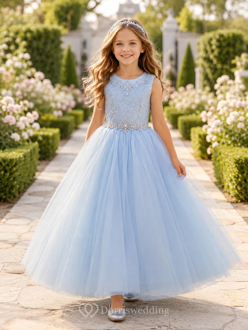 Vestido de niña de las flores azul cielo, encaje, tul, corte en A, cuello joya, largo hasta la rodilla
