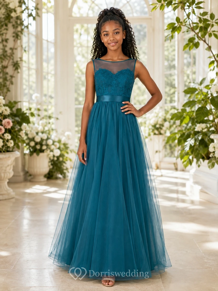 Türkisfarbenes Brautjungfernkleid, A-Linie, ärmellos, aus Tüll mit Stufenrock, romantisch und formell