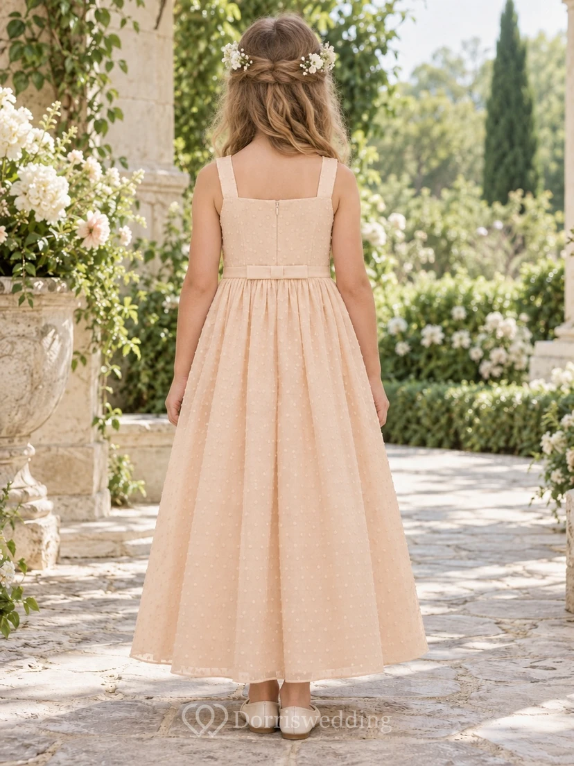 Square Neck Apricot Sleeveless Swiss Dot Cotton A-line Flower Girl Dress view 2