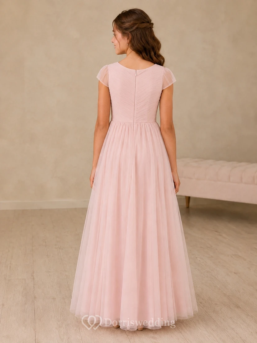 Perlmuttrosa Brautjungfernkleid, A-Linie, Rundhalsausschnitt, kurze Blütenblattärmel, Tüll, bezaubernd view 2