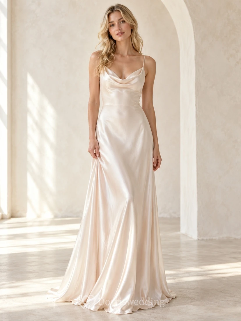 Simple Cowl Neck Spaghetti Strap Satin Sheath Long Elopement Wedding Dress
