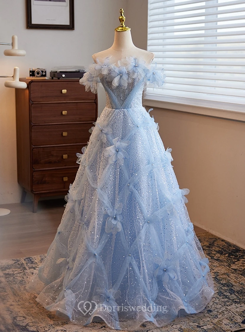 Blue Strapless Sparkling Flower Ball Gown view 11