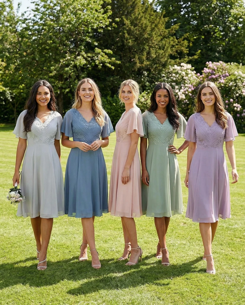 Chiffonkleid mit V-Ausschnitt, Poetenärmeln und knielanger Länge