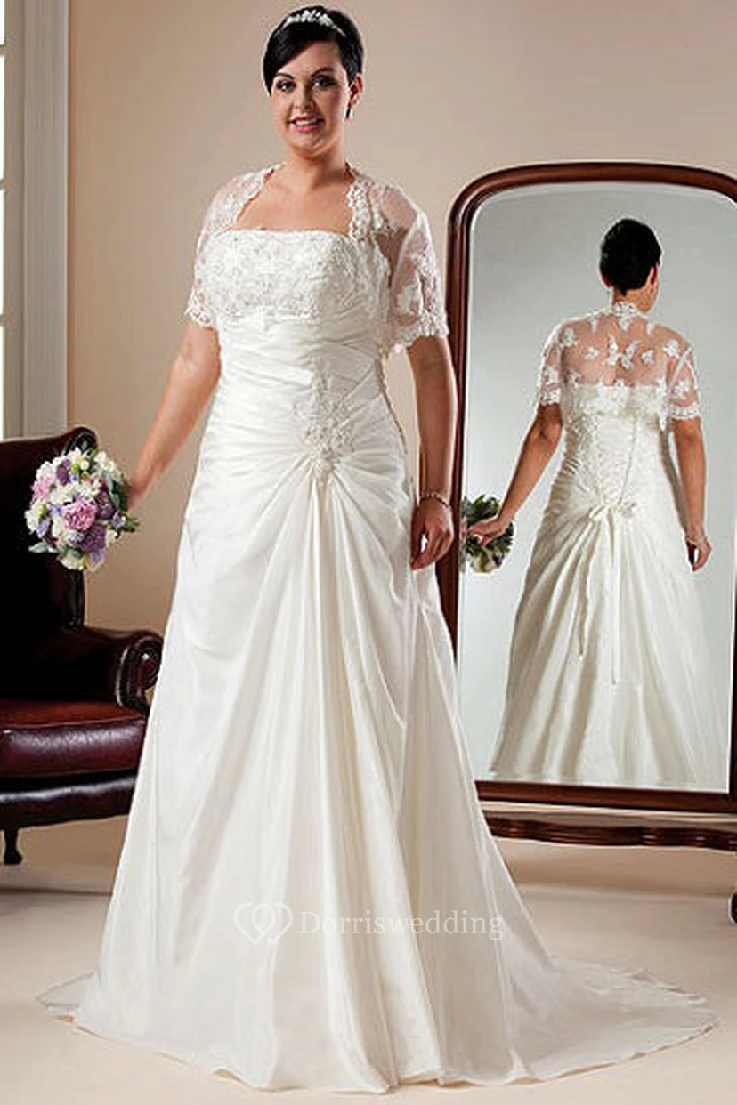 Strapless Taffeta Bridal Gown With Lace Up And Short-Sleeve Bolero