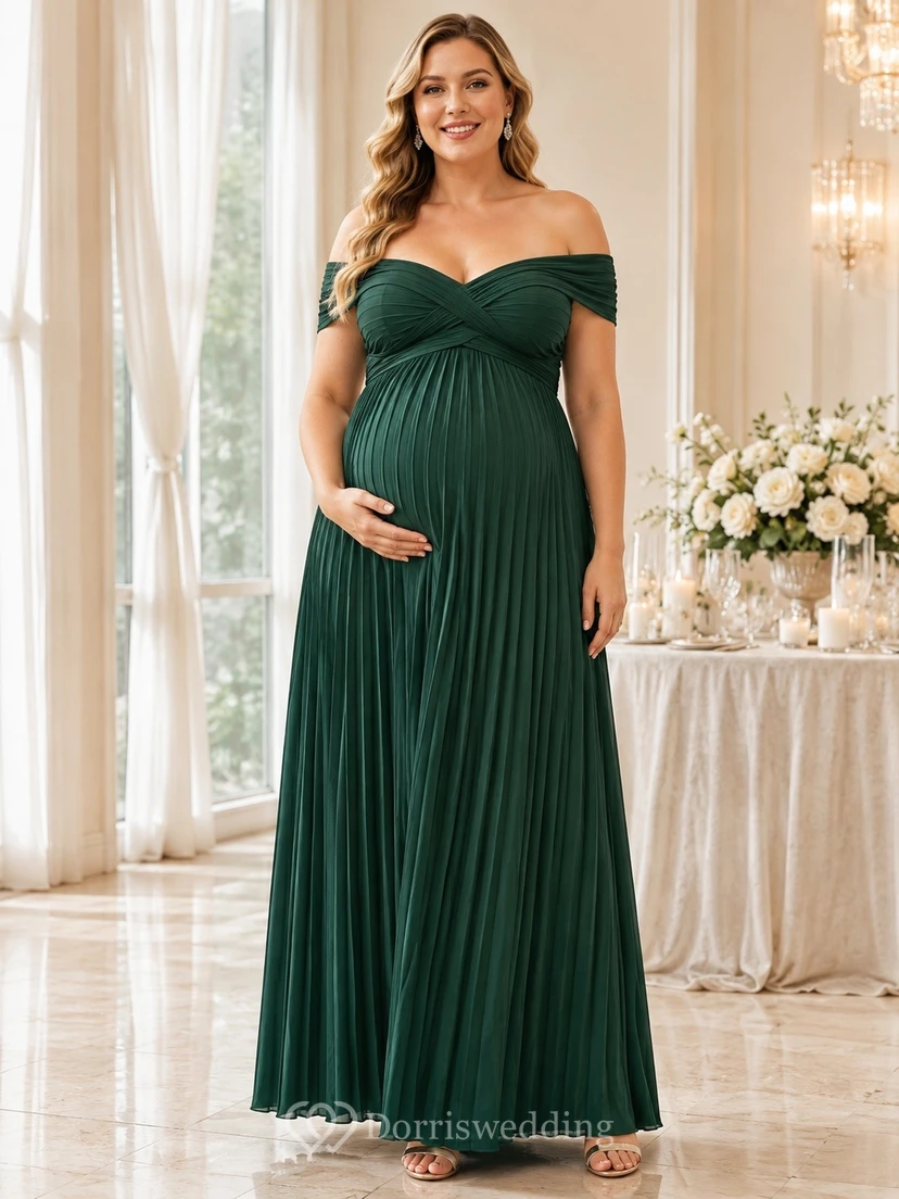 Elegant Dark Green Off-the-shoulder Short Sleeve Floor-length Jersey Empire Maternity Dress