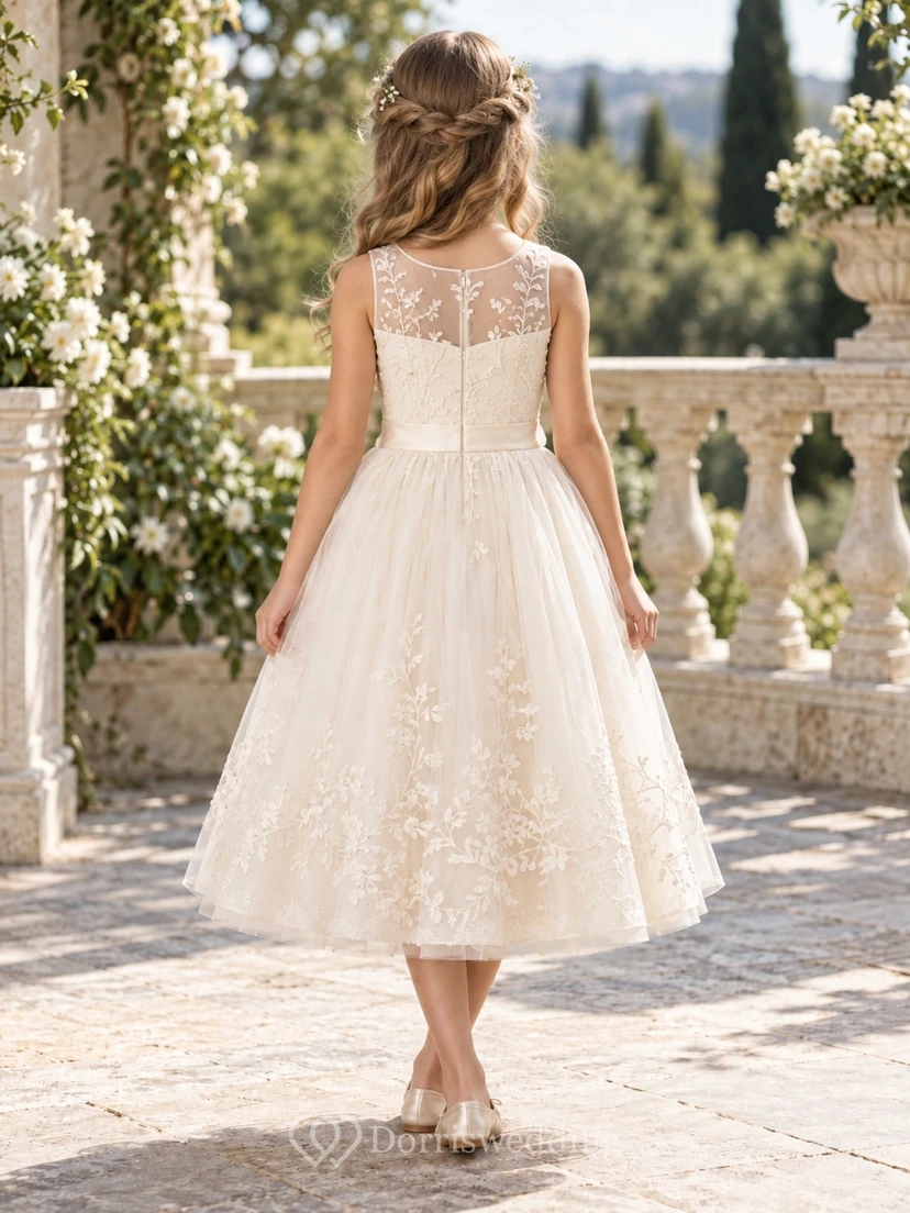 Modest Tea-length Ivory Sleeveless Floral Hem Illusion Lace Tulle Flower Girl Dress view 2