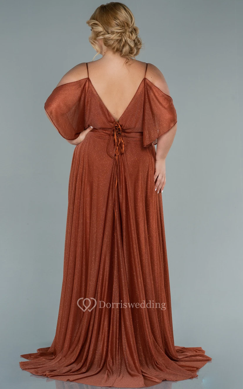 Robe de bal grande taille à sequins et bretelles spaghetti, plissée et décolletée en V, style empire, dos nu. view 8