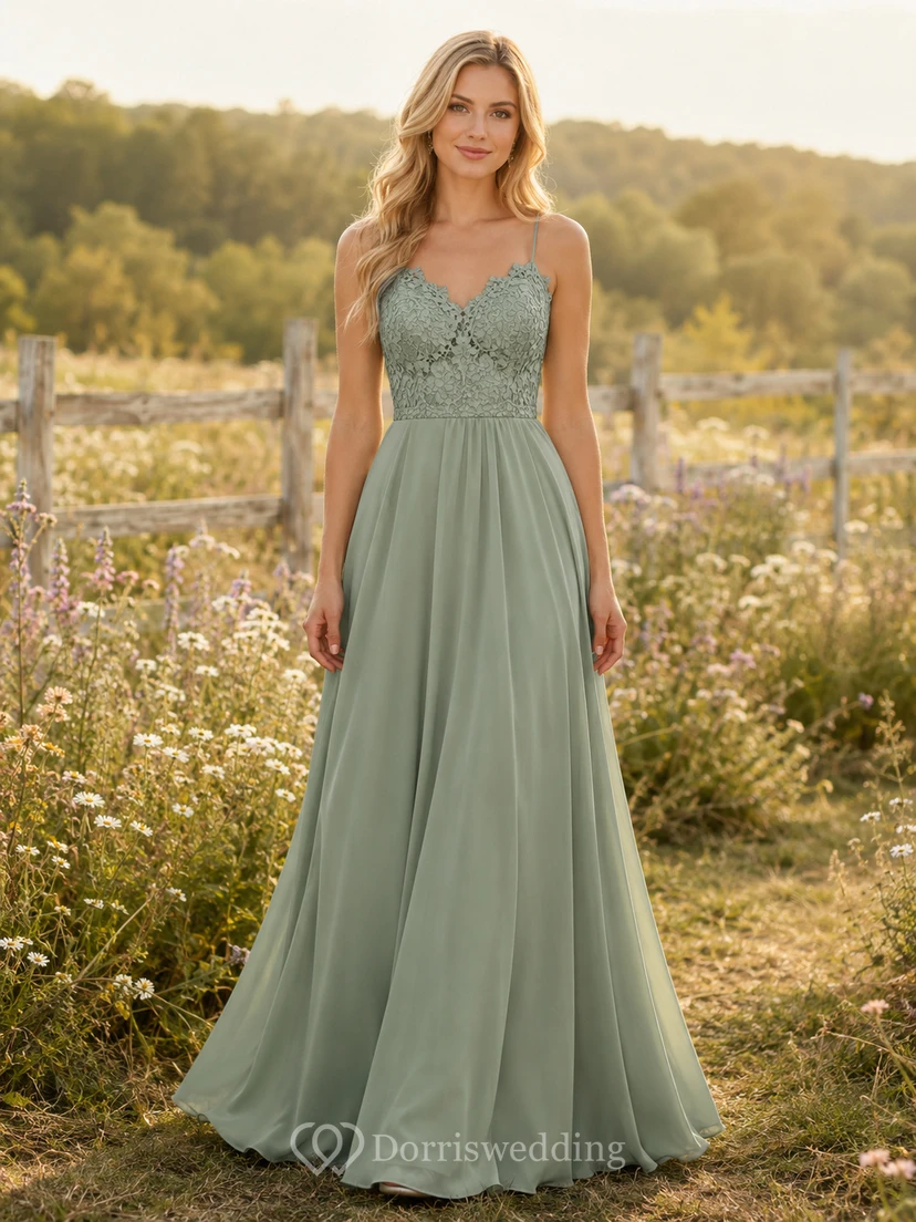 Sage spaghetti strap lace bodice chiffon floor bridesmaid dress