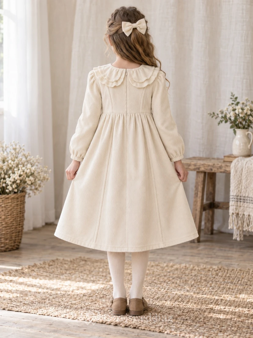 Cremefarbenes Cord-Blumenmädchenkleid mit Rüschenkragen und langen Ärmeln view 2