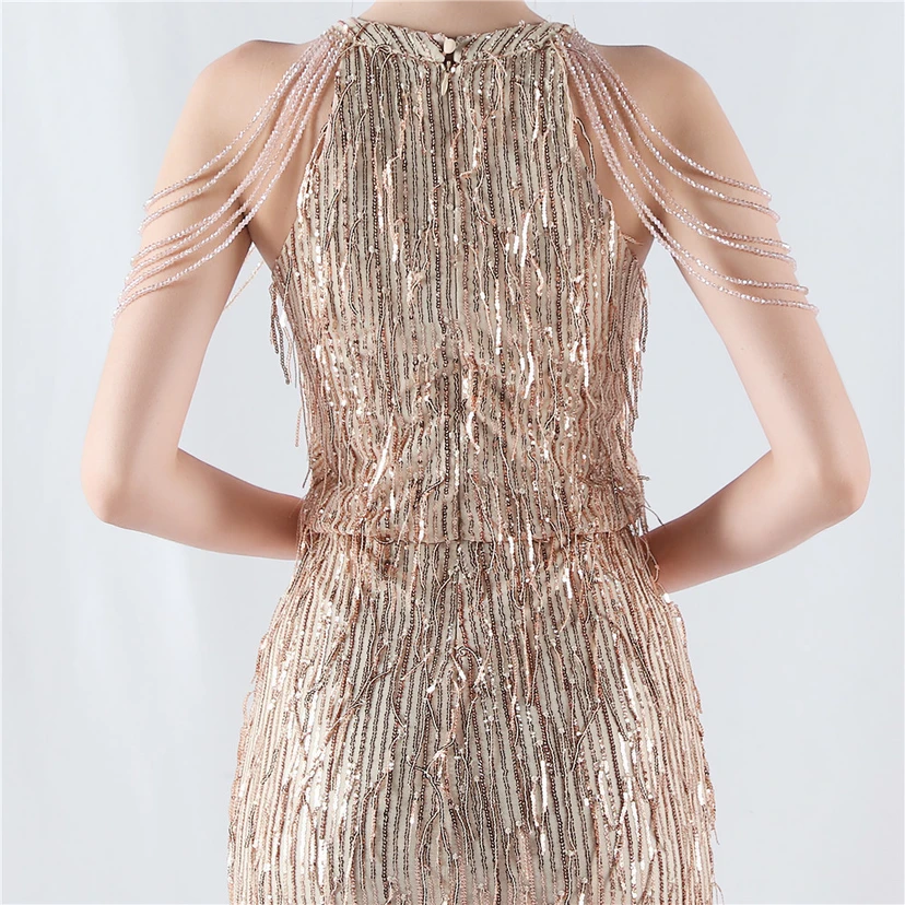 Tassel Sequined Halter Neck Beaded Sexy Hip-Wrapped Nightclub Short Dress view 7