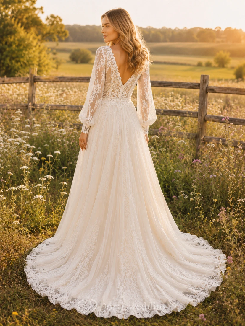 Country Lace Wedding Dress A-Line V-Neck Long Sleeve Chapel Train Bridal Gown view 2
