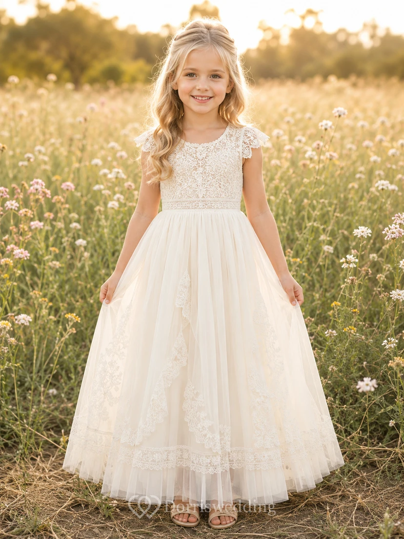 Lace Bodice Tulle A-Line Flower Girl Dress with Short Sleeves, Jewel Neck and Tea-Length Skirt