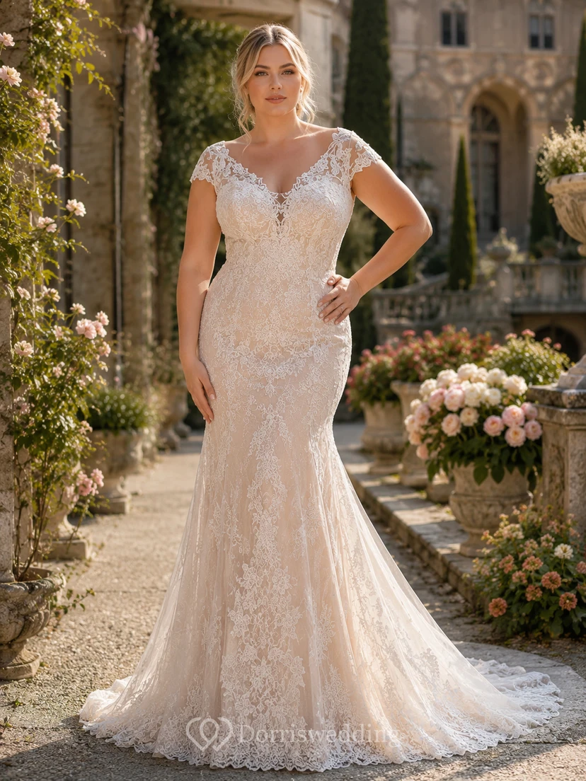 Robe de mariée sirène en dentelle à manches courtes et traîne festonnée view 4
