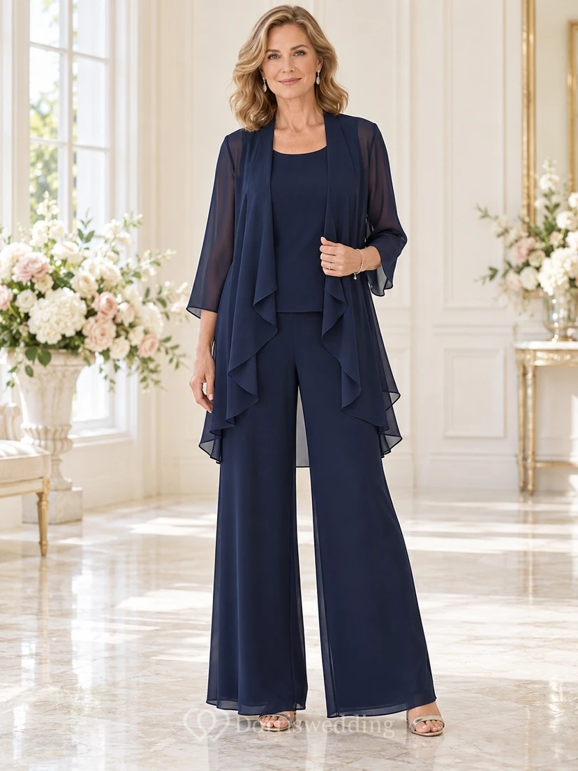 Dark Navy Sheer Waterfall Jacket Wide Leg Mother Wedding Pantsuit