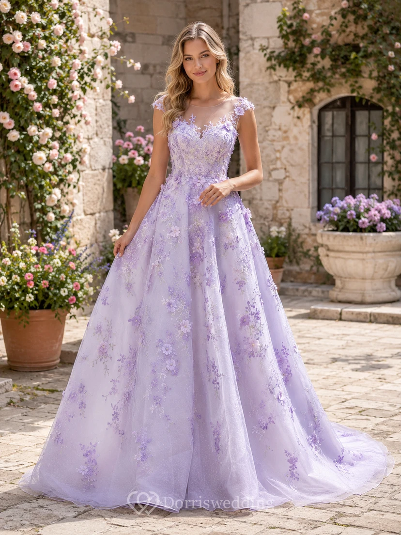 Vestido de novia de organza de manga corta con estampado floral lavanda y vestido de gala
