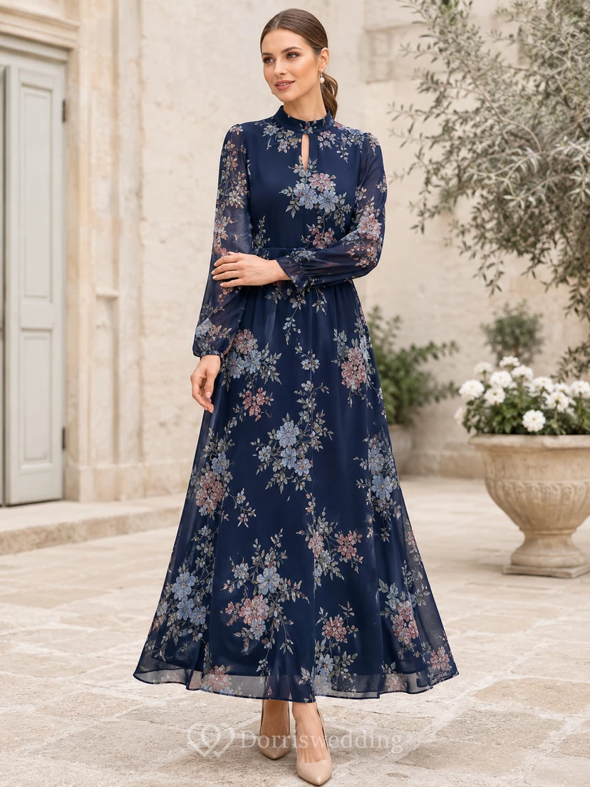 Dark Navy Floral High Neck Long Sleeve Ankle Guest Dress