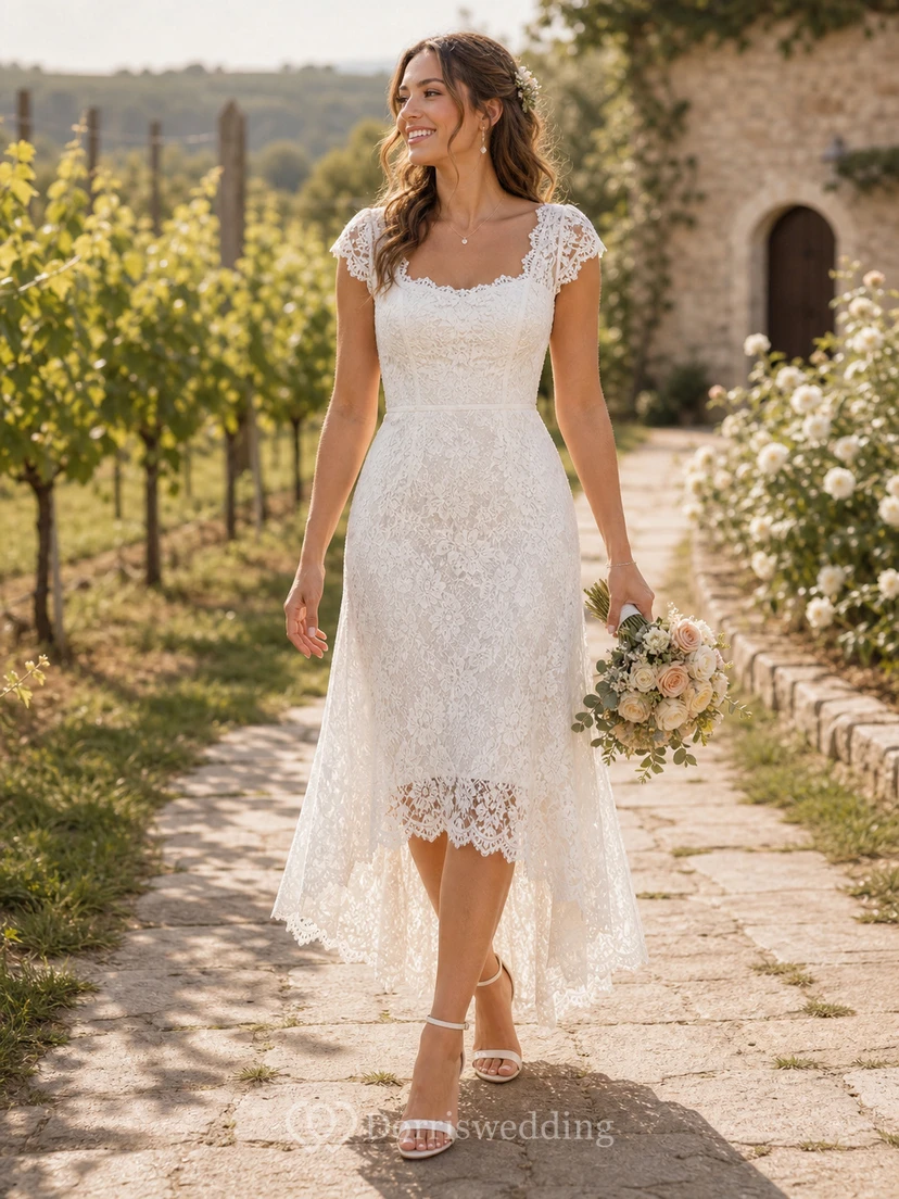 Elegantes Brautkleid aus Spitze mit hohem/tiefem U-Ausschnitt, kurzen Ärmeln und schlichter Eleganz view 4