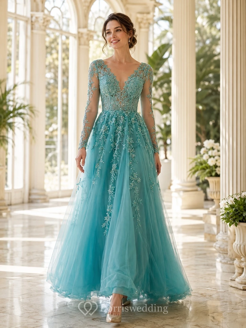 Langärmeliges, türkisfarbenes Brautkleid aus Illusionsspitze und Tüll in A-Linie, knöchellang