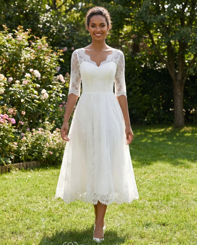 Vestido de novia de largo midi para novias mayores | Vestido de novia midi modesto de encaje vintage color marfil en tallas grandes con mangas view 3