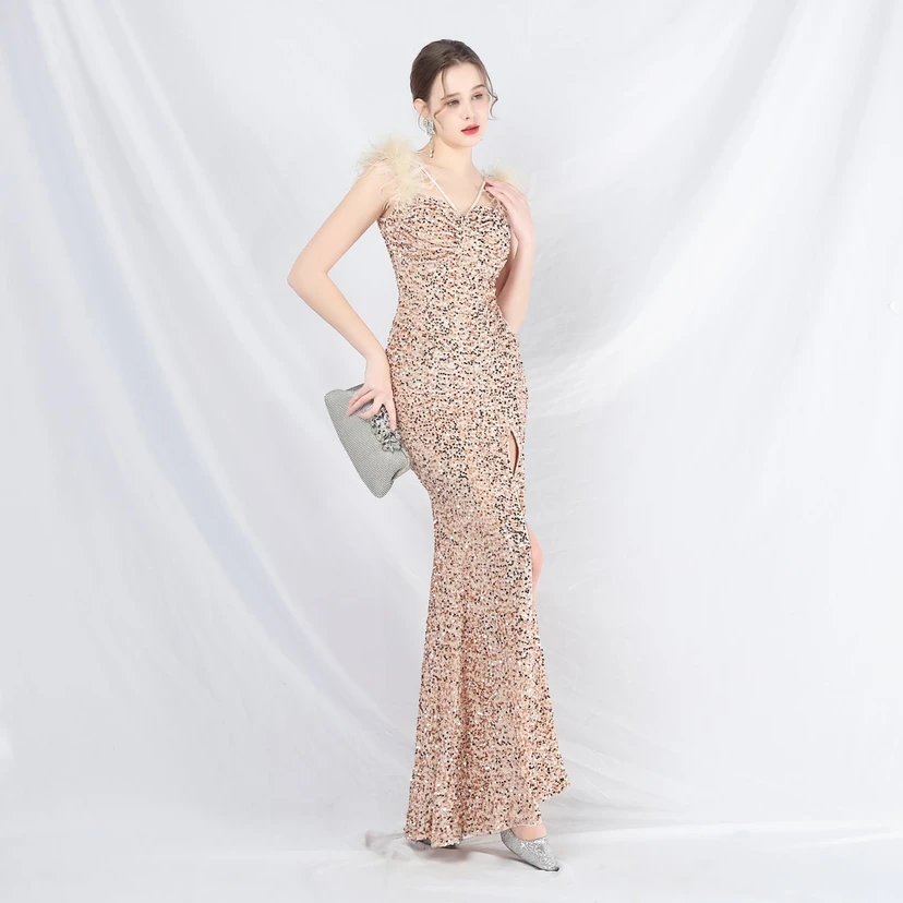 Craft Beaded Ostrich Feather Plush Sequined Long Evening Dress view 14