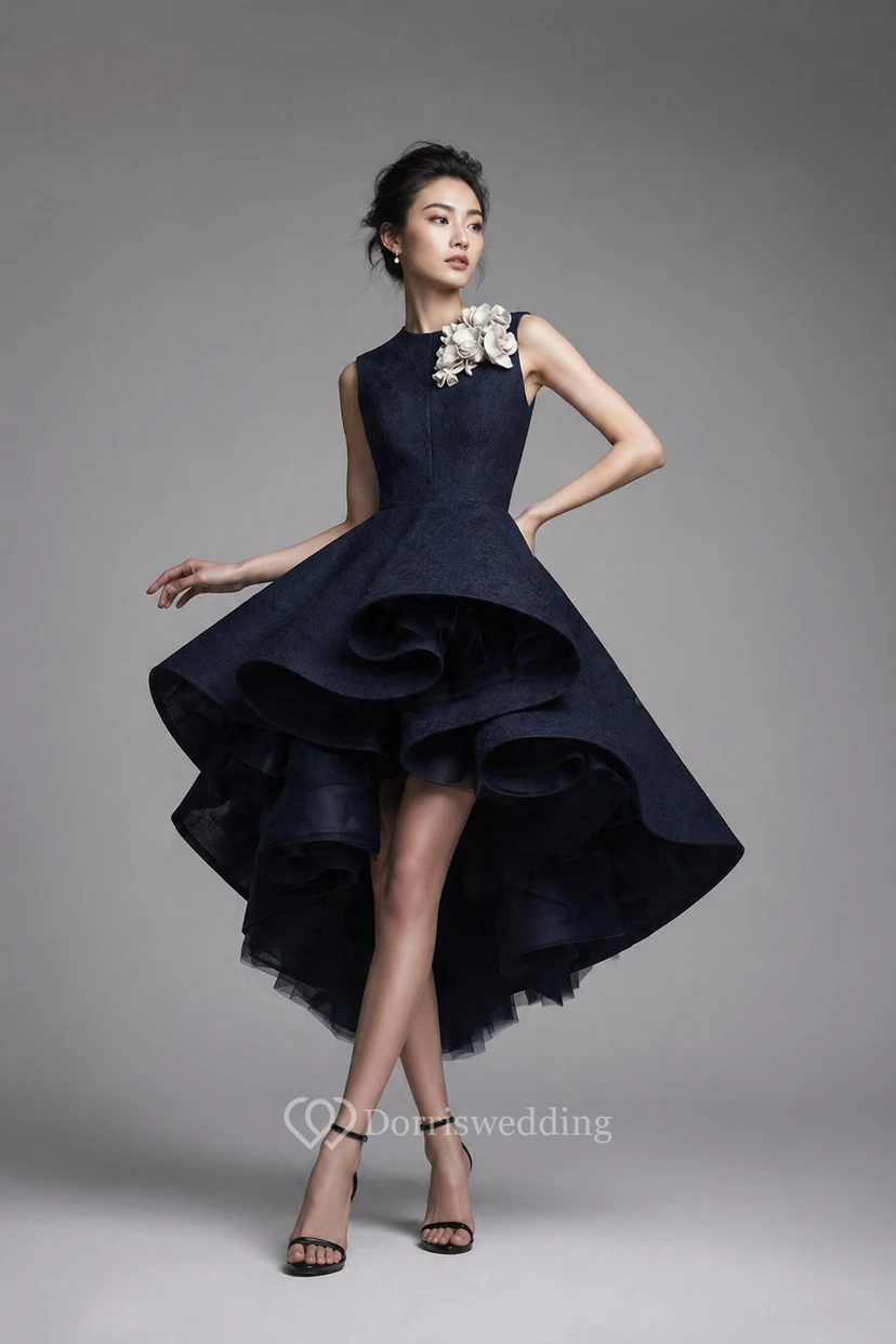 Vestido de cóctel/boda/fiesta negro formal gótico asimétrico con volantes y múltiples capas y escote joya view 6