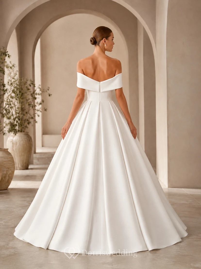 Princess Off-Shoulder Pleated Satin Ball Gown Floor-Length Formal Wedding Dress view 2