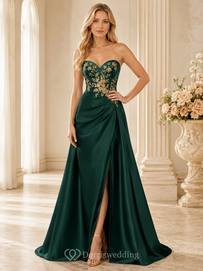 Dark Green Gold Floral Applique Strapless Sweetheart Satin A-Line Sweep Train Evening Gown