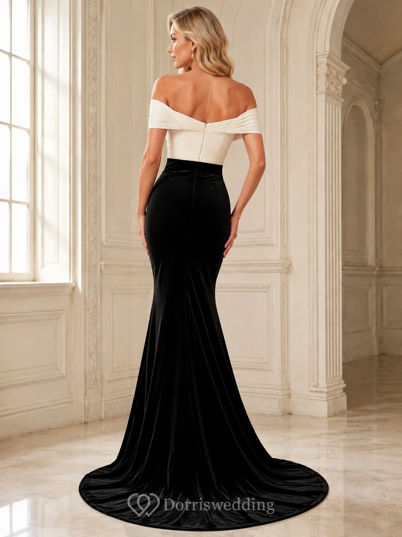 Schwarzes elfenbeinfarbenes elegantes Abendkleid im Meerjungfrauen-/Trompetenstil mit Farbblockmuster, schulterfrei, aus Satin, kurzen Ärmeln und bodenlang. view 2