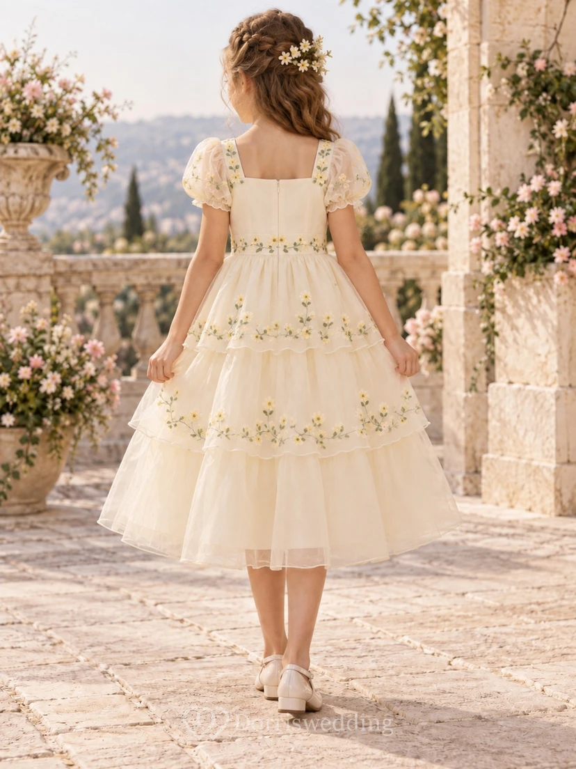 Tea-length Square Neck Cream Yellow Floral Puff Sleeve Embroidered Tiered Tulle Flowergirl Dress view 2