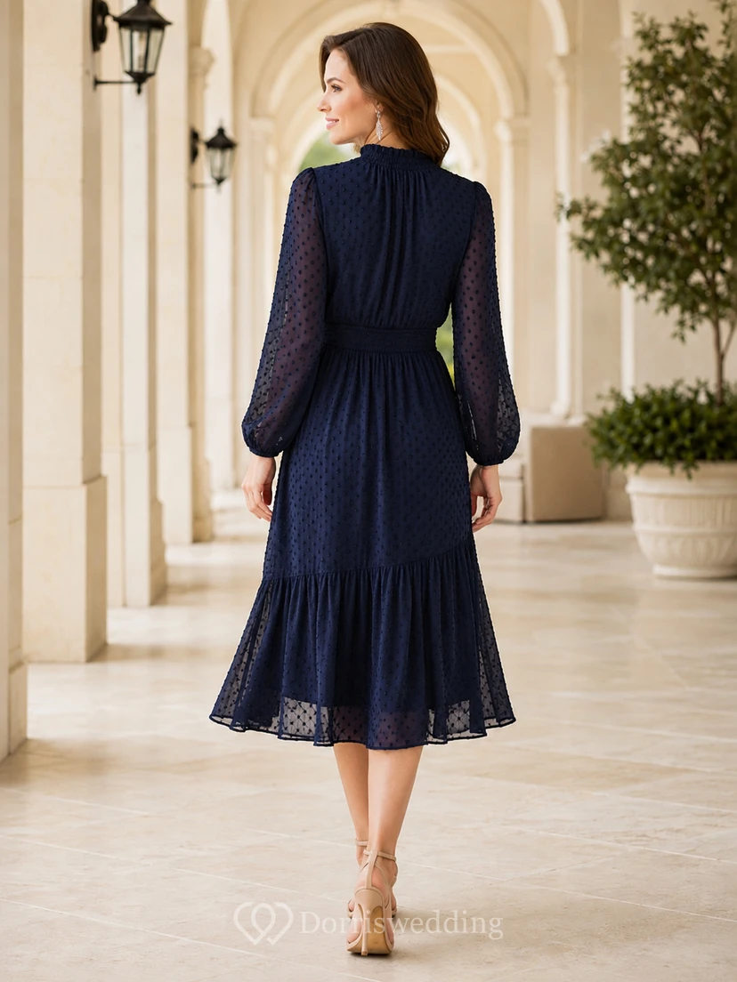 Dark Navy High Neck Lace Bishop Sleeve Midi Guest Dress view 2