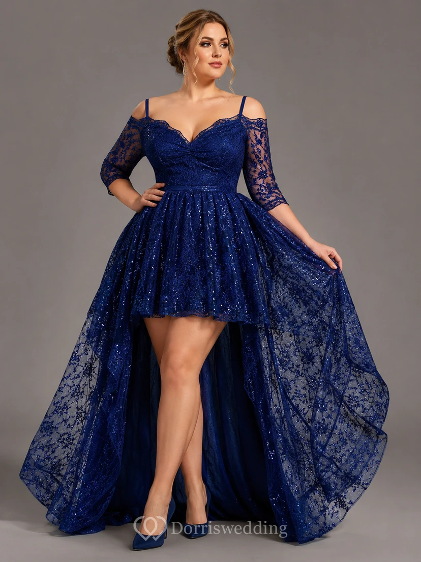 A-Line Lace Off-the-shoulder 3 4 Length Sleeve Zipper Low-V Back Dress view 4