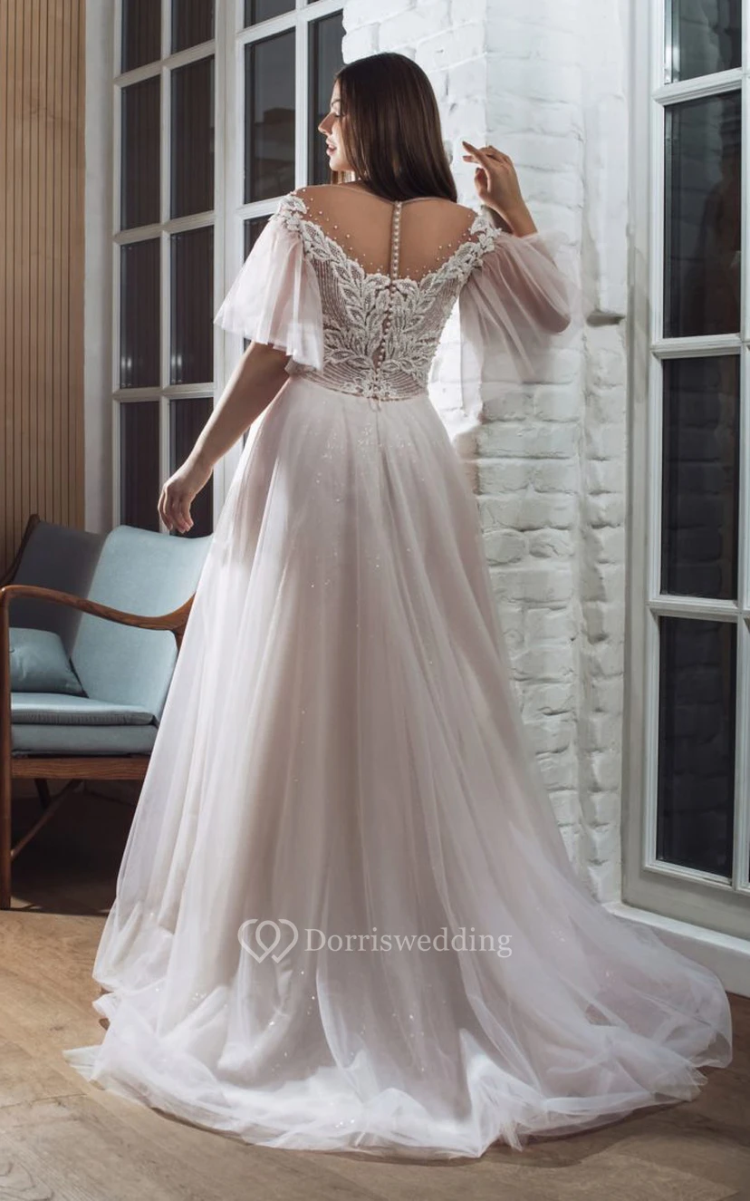 Robe de mariée élégante en tulle illusion, manches pétales, coupe trapèze, grande taille, dentelle et haut orné de perles view 2
