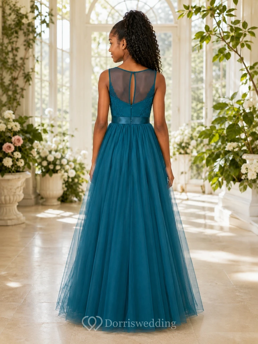 Türkisfarbenes Brautjungfernkleid, A-Linie, ärmellos, aus Tüll mit Stufenrock, romantisch und formell view 2