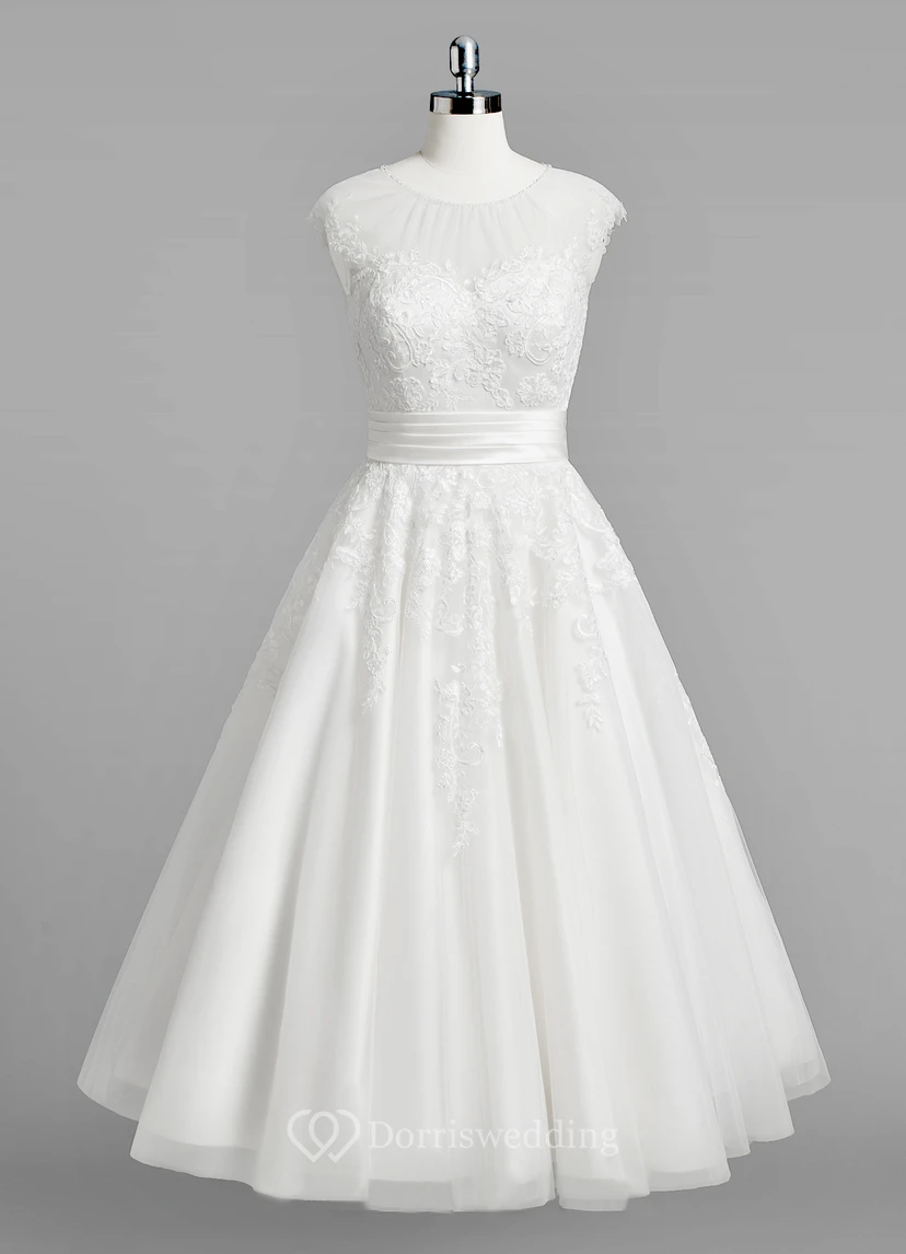 Jewel Neck Cap Sleeve A-Line Lace Tea Length Wedding Dress With Ruched Belt