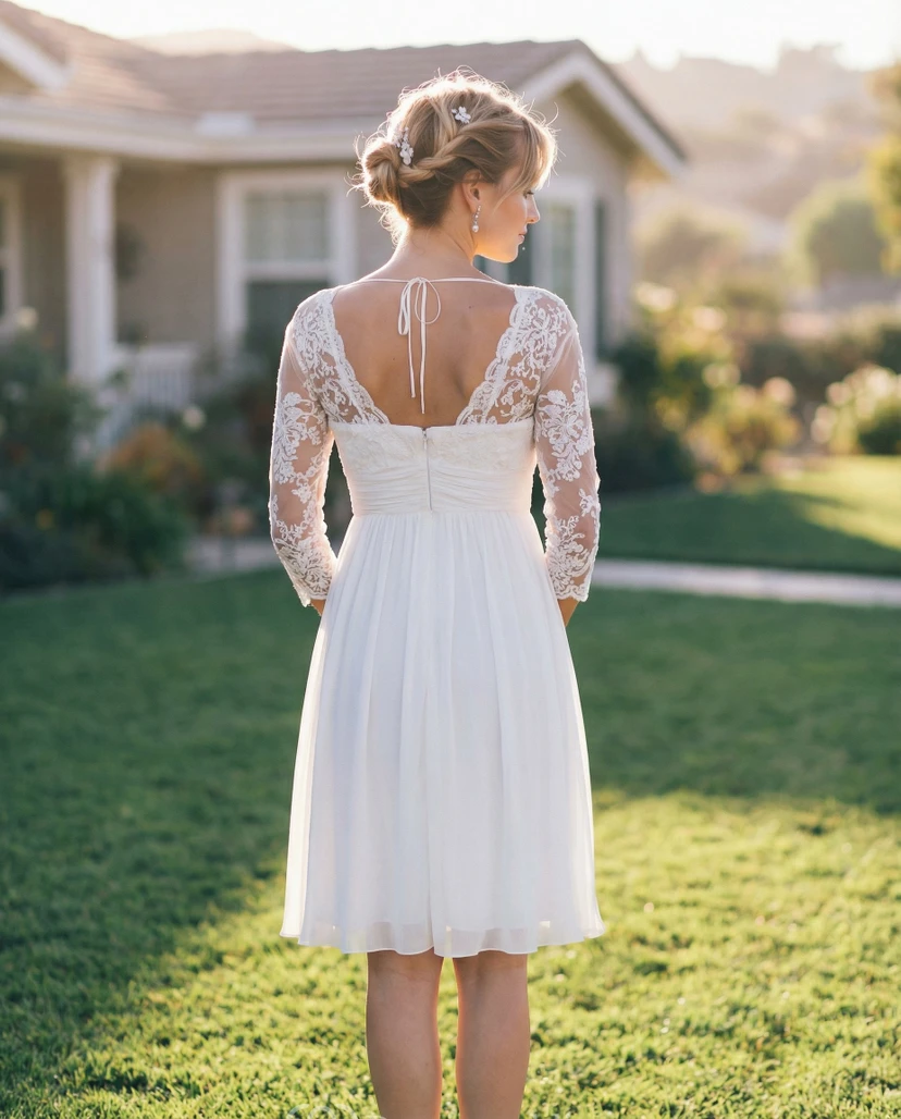 3/4 Sleeve Chiffon Sheath Mid-Length Wedding Dress view 2