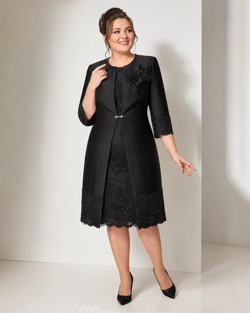 Jewel A-line Knee-length 3-4 Length Sleeve Satin Mother of the Bride Dress with Zipper Back view 6