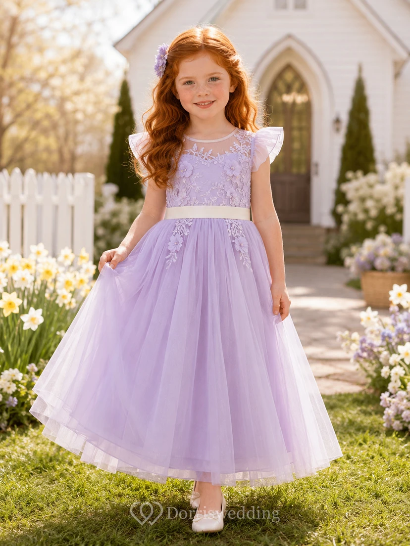 Adorable Elegant Flower Girl Dress Jewel Neck Petal Sleeve Lavender Tulle Floor Length Ribbon