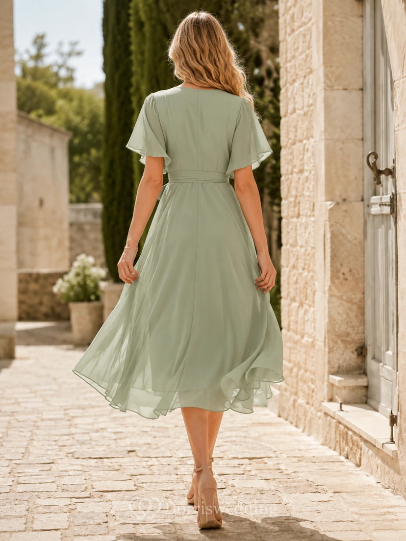 Sage Chiffon Wrap V Neck Flutter Sleeve Midi Dress view 2