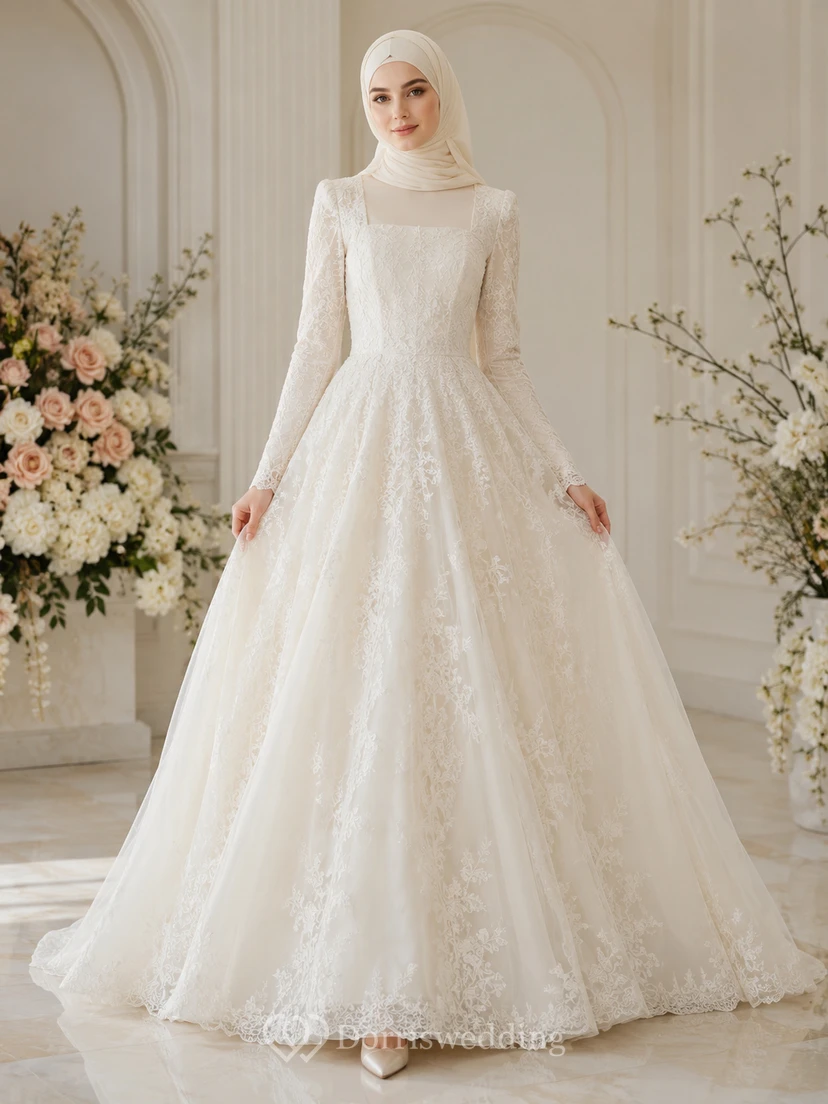 Vestido de novia musulmán de corte A con escote cuadrado y encaje discreto
