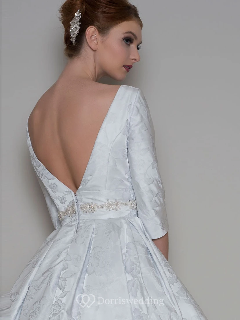 A-Line Tea-Length 3-4 Sleeve Bateau Neck Jeweled Satin Wedding Dress view 2