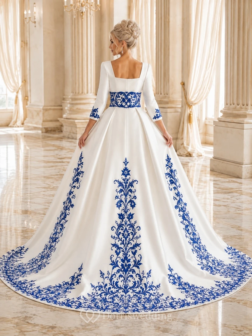 Königsblaues, schlichtes Ballkleid mit eckigem Ausschnitt und langen Ärmeln aus Satin view 2